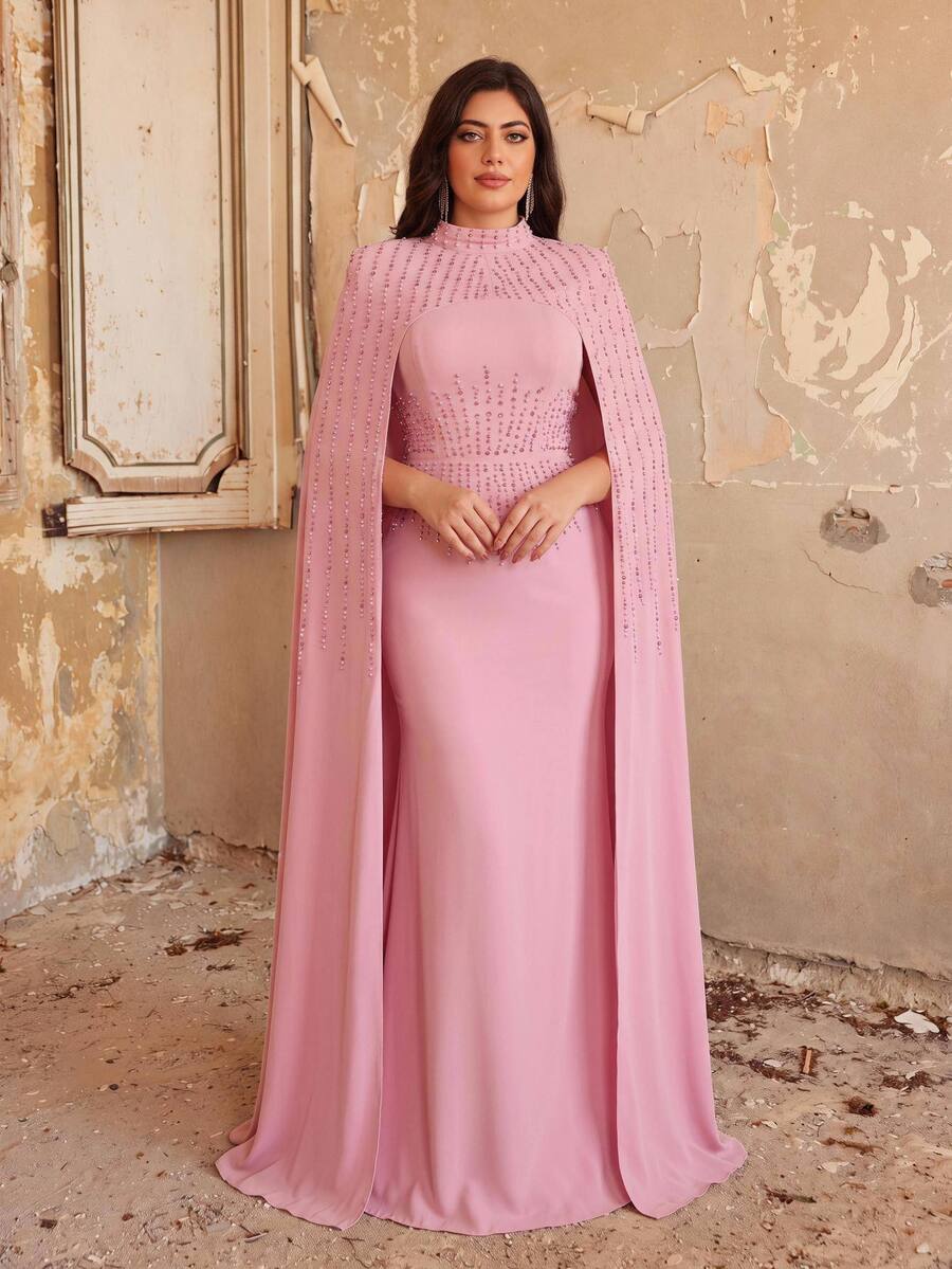 Aureia Plus Size Elegant Romantic Fashionable Modest Pink Satin Slight Stretch Rhinestone Decor Mermaid Hem Party Formal Dinner Wedding Guest Dress