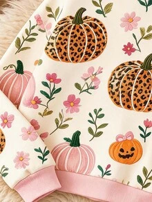 2026Young Girl Pumpkin Print Long Sleeve Casual Crew Neck Sweatshirt - Light Brushed - White - View 4