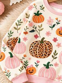 2026Young Girl Pumpkin Print Long Sleeve Casual Crew Neck Sweatshirt - Light Brushed - White - View 3