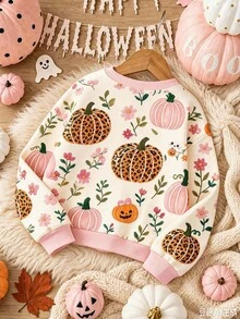2026Young Girl Pumpkin Print Long Sleeve Casual Crew Neck Sweatshirt - Light Brushed - White - View 2
