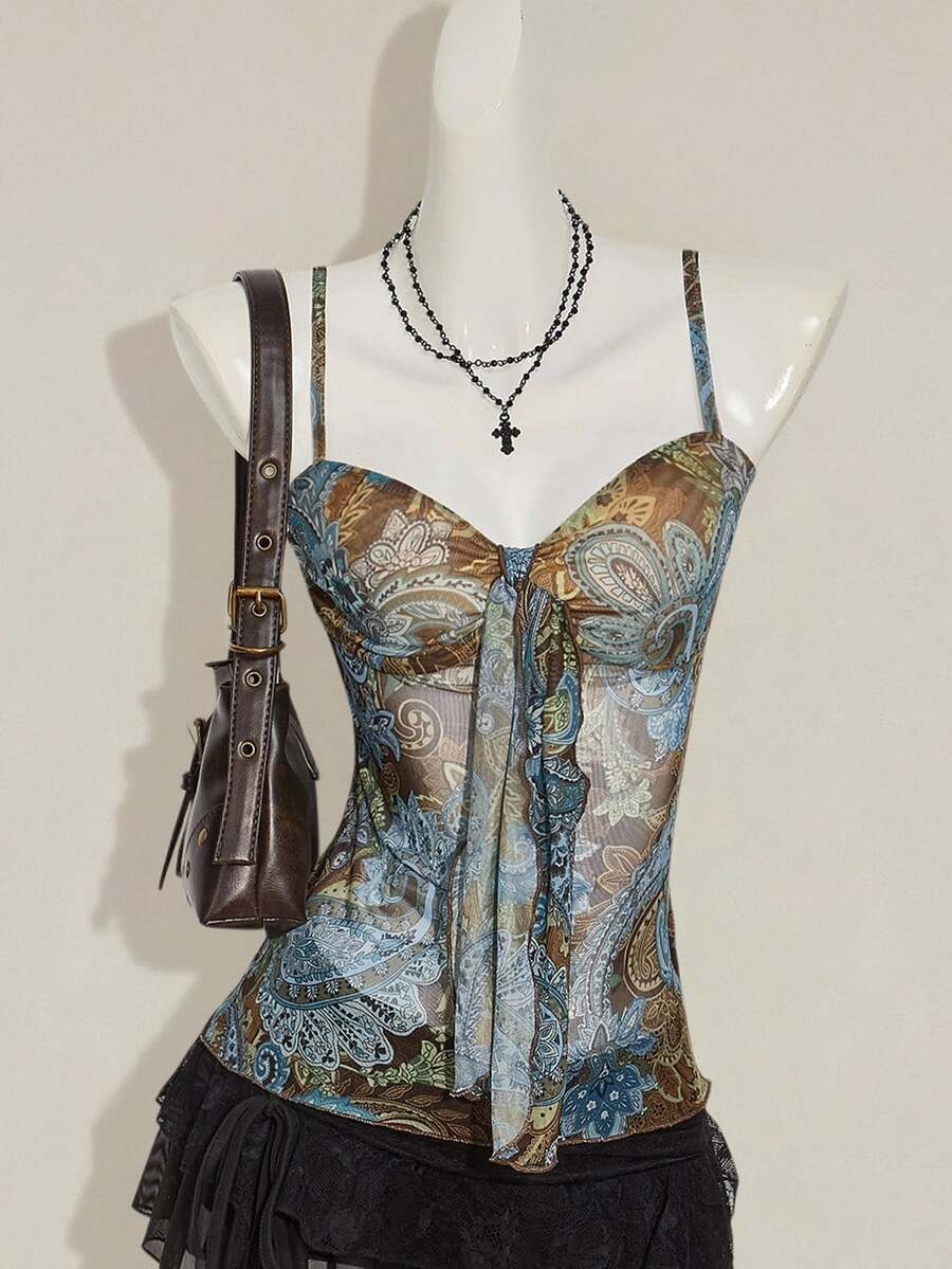 SHEIN ICON 女士佩斯利印花 Y2K 复古褶饰吊带背心 - 彩色 - 查看 1