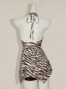 SHEIN ICON Women's Sexy Backless Halter Zebra Print Top, Summer Rave Night Club Brown Checkered - Multicolor - View 3