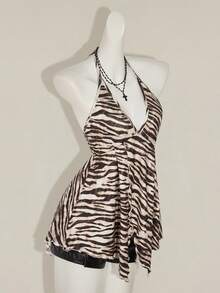 SHEIN ICON Women's Sexy Backless Halter Zebra Print Top, Summer Rave Night Club Brown Checkered - Multicolor - View 8