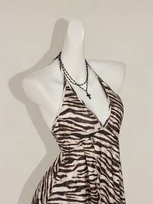 SHEIN ICON Women's Sexy Backless Halter Zebra Print Top, Summer Rave Night Club Brown Checkered - Multicolor - View 4