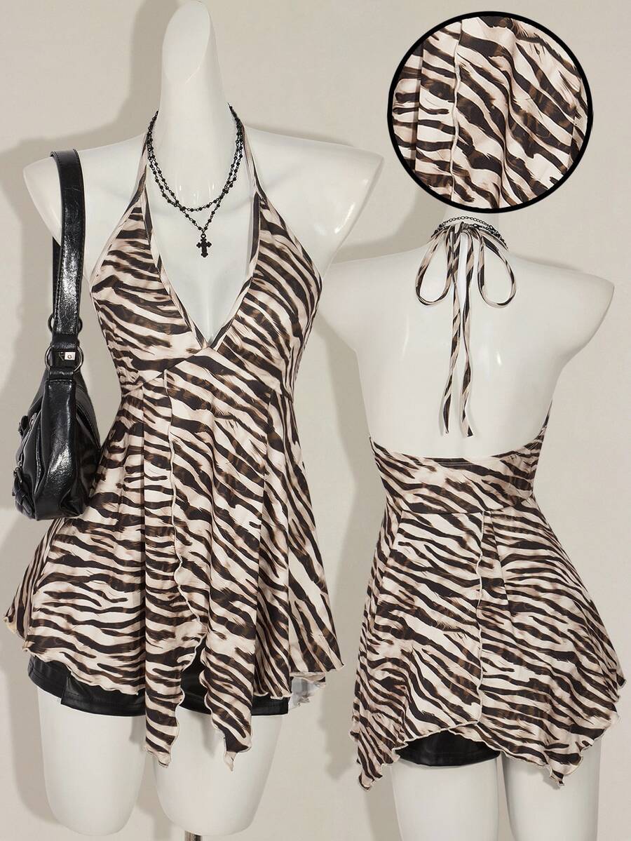 SHEIN ICON Women's Sexy Backless Halter Zebra Print Top, Summer Rave Night Club Brown Checkered - Multicolor - View 1