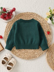 SHEIN 女嬰冬季衣著，復古草莓刺繡針織毛衣，可愛綠色花卉圓領針織套衫，保暖舒適百搭 - 墨綠色 - 查看 3