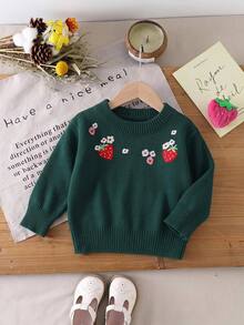 SHEIN 女嬰冬季衣著，復古草莓刺繡針織毛衣，可愛綠色花卉圓領針織套衫，保暖舒適百搭 - 墨綠色 - 查看 8