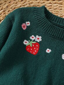 SHEIN 女嬰冬季衣著，復古草莓刺繡針織毛衣，可愛綠色花卉圓領針織套衫，保暖舒適百搭 - 墨綠色 - 查看 4
