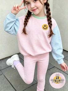 青少年女孩 2 件組秋季配色拼接條紋笑臉圖案圓領衛衣與緊身褲套裝，舒適秋季休閒穿搭 - 彩色 - 查看 2
