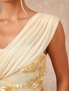 Lumalex Golden Yellow One Shoulder Off Shoulder Maxi Dress With Draped Mesh Overlay Floral Applique Embroidery Bac Slit Luxury Evening Dinner Formal Wedding - Apricot - View 8