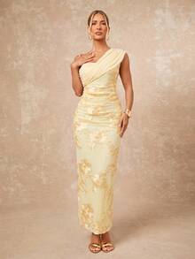 Lumalex Golden Yellow One Shoulder Off Shoulder Maxi Dress With Draped Mesh Overlay Floral Applique Embroidery Bac Slit Luxury Evening Dinner Formal Wedding - Apricot - View 5