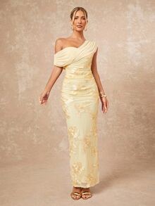 Lumalex Golden Yellow One Shoulder Off Shoulder Maxi Dress With Draped Mesh Overlay Floral Applique Embroidery Bac Slit Luxury Evening Dinner Formal Wedding - Apricot - View 7