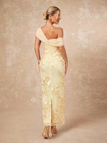 Lumalex Golden Yellow One Shoulder Off Shoulder Maxi Dress With Draped Mesh Overlay Floral Applique Embroidery Bac Slit Luxury Evening Dinner Formal Wedding - Apricot - View 4