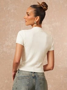 Lumalex Ivory Knit Crop Top With Mandarin Collar Short Sleeves Frog Knot Buttons Front Keyhole Cutouts Ribbed Cuffs Luxury Top Outfits For Parties Dates Daily - Apricot - View 7