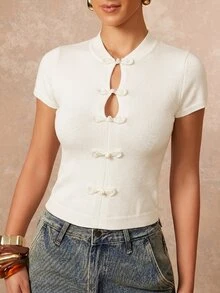 Lumalex Ivory Knit Crop Top With Mandarin Collar Short Sleeves Frog Knot Buttons Front Keyhole Cutouts Ribbed Cuffs Luxury Top Outfits For Parties Dates Daily - Apricot - View 11