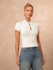 Lumalex Ivory Knit Crop Top With Mandarin Collar Short Sleeves Frog Knot Buttons Front Keyhole Cutouts Ribbed Cuffs Luxury Top Outfits For Parties Dates Daily - Apricot - View 9