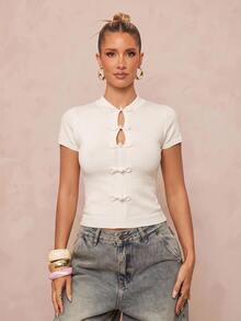 Lumalex Ivory Knit Crop Top With Mandarin Collar Short Sleeves Frog Knot Buttons Front Keyhole Cutouts Ribbed Cuffs Luxury Top Outfits For Parties Dates Daily - Apricot - View 4