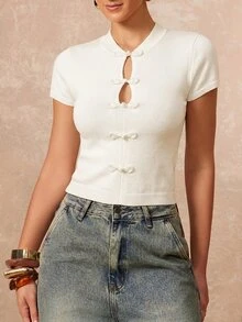 Lumalex Ivory Knit Crop Top With Mandarin Collar Short Sleeves Frog Knot Buttons Front Keyhole Cutouts Ribbed Cuffs Luxury Top Outfits For Parties Dates Daily - Apricot - View 6