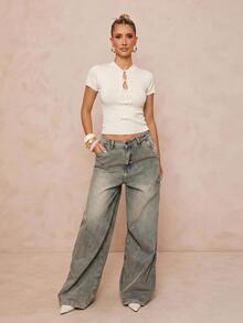 Lumalex Ivory Knit Crop Top With Mandarin Collar Short Sleeves Frog Knot Buttons Front Keyhole Cutouts Ribbed Cuffs Luxury Top Outfits For Parties Dates Daily - Apricot - View 3