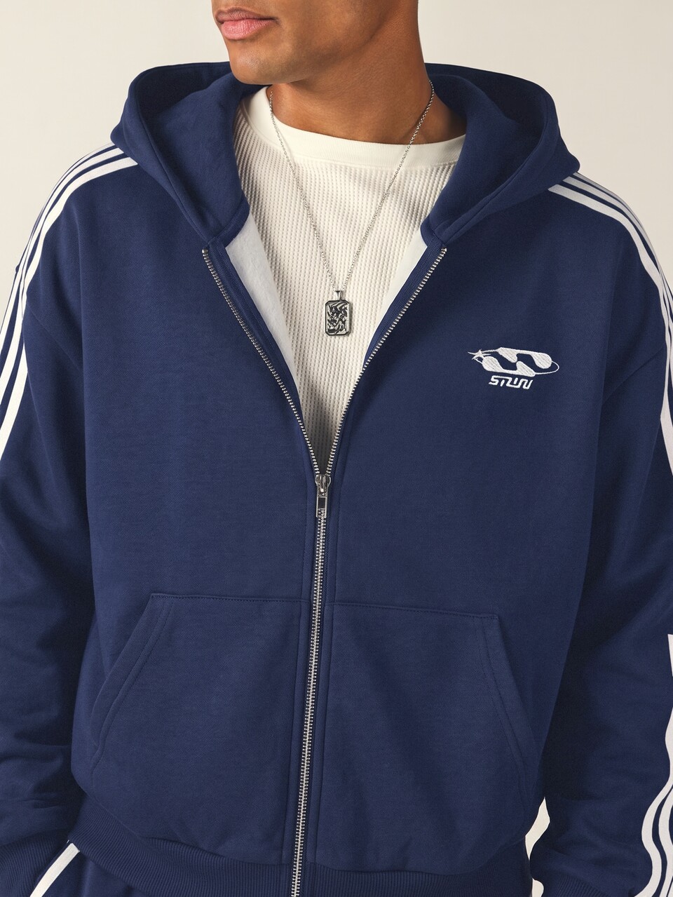 Mens Oversized Full Zip Hoodie With White Side Stripe Detail Elasticated Hem Centre Pocket Retro Track Style