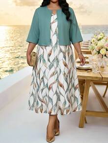 Fleurora Women's Plus Size V-Neck Floral Print Dress And Jacket 2-Piece Set Tea Party Brunch Vacation Wedding Bride Light Green All Summer Elegant Work Formal - Multicolor - View 5