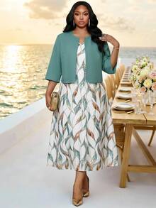 Fleurora Women's Plus Size V-Neck Floral Print Dress And Jacket 2-Piece Set Tea Party Brunch Vacation Wedding Bride Light Green All Summer Elegant Work Formal - Multicolor - View 4