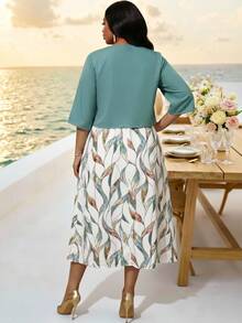 Fleurora Women's Plus Size V-Neck Floral Print Dress And Jacket 2-Piece Set Tea Party Brunch Vacation Wedding Bride Light Green All Summer Elegant Work Formal - Multicolor - View 2