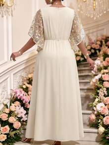 Fleurora Plus Size Women's Summer Elegant Patchwork Embroidery Mesh Ruffle Sleeve Waist Cinched Dress Wedding Evening Wedding Guest Guest Guest Birthday Beige - Khaki - View 3