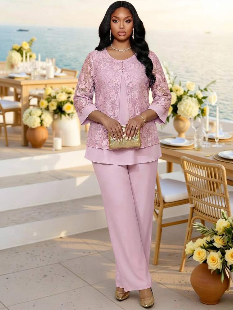 Fleurora Plus Size Women's Floral Embroidery Pattern Long Sleeve Top And Long Pants Casual Daily Two Pieces Set Fall - Mauve Purple - View 5
