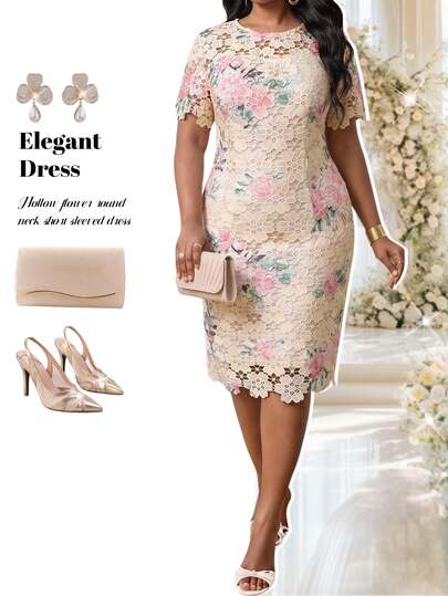 Fleurora White Sequin Summer Elegant Wedding Guest Evening Tea Party Ninang Plus Size Women Floral Lace Round Neck Short Sleeve Bodycon Midi Dress