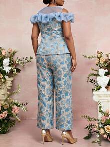Fleurora Plus Size Women's Metallic Texture Mesh Patchwork Round Neck Metal Button Top And Loose Casual Elegant Long Pants 2pcs Set Party Wedding Summer - Blue - View 2