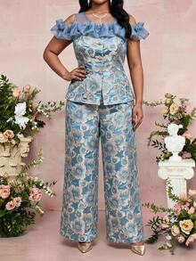Fleurora Plus Size Women's Metallic Texture Mesh Patchwork Round Neck Metal Button Top And Loose Casual Elegant Long Pants 2pcs Set Party Wedding Summer - Blue - View 3