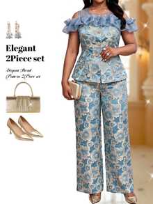 Fleurora Plus Size Women's Metallic Texture Mesh Patchwork Round Neck Metal Button Top And Loose Casual Elegant Long Pants 2pcs Set Party Wedding Summer - Blue - View 1