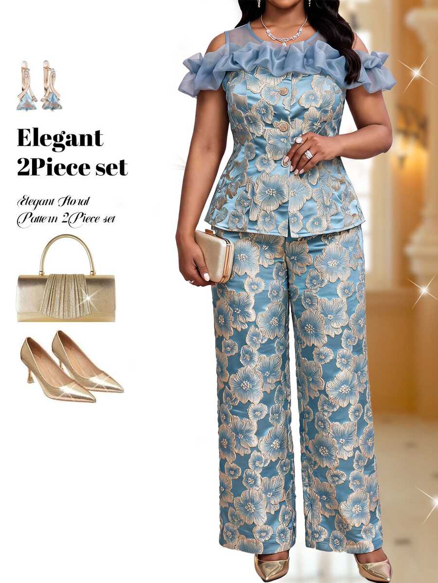 Fleurora Plus Size Women's Metallic Texture Mesh Patchwork Round Neck Metal Button Top And Loose Casual Elegant Long Pants 2pcs Set Party Wedding Summer - Blue - View 1