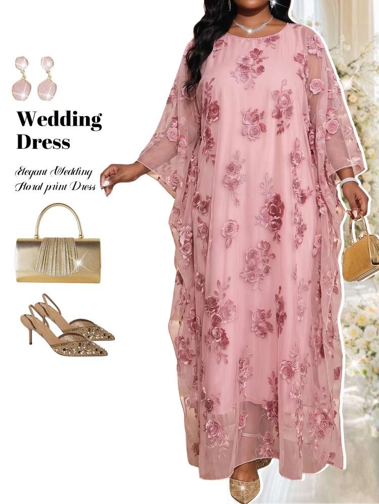 Fleurora Plus Size Women's Round Neck Batwing Sleeve Elegant Party Dress Fall - Pink - View 1