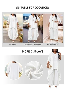 Fleurora Plus Size Women's Solid Color V-Neck 3/4 Sleeve High-Low Hem Jacket And Long Pants Set Autumn Clothes All White Top Elegant Gym Fall Party Vacation - White - View 6