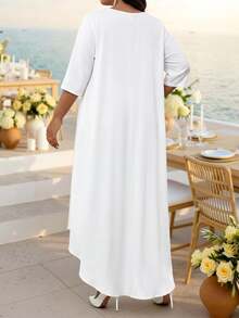 Fleurora Plus Size Women's Solid Color V-Neck 3/4 Sleeve High-Low Hem Jacket And Long Pants Set Autumn Clothes All White Top Elegant Gym Fall Party Vacation - White - View 2