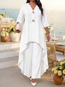 Fleurora Plus Size Women's Solid Color V-Neck 3/4 Sleeve High-Low Hem Jacket And Long Pants Set Autumn Clothes All White Top Elegant Gym Fall Party Vacation - White - View 5