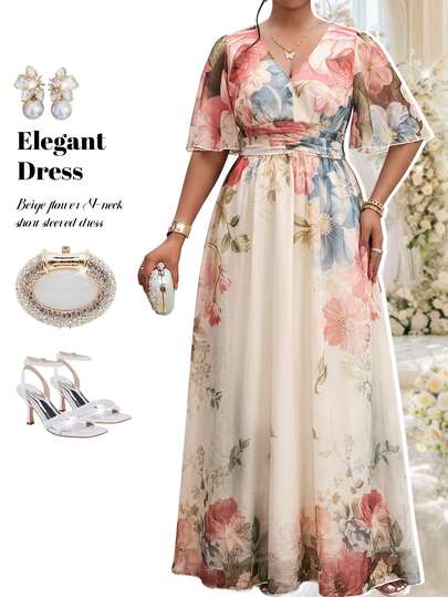 Fleurora Plus Size Elegant Floral Print Party Dress Floral Dress Elegant Dresses Luxury Evening Wedding Dress Birthday Dress Wedding Guest Dress Summer Dress