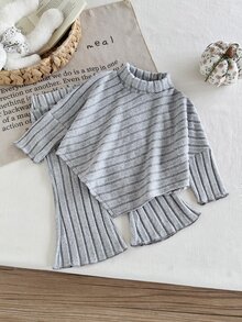 SHEIN Vintaside Kids 女嬰 2 件組長袖上衣喇叭褲套裝，高領不對稱下擺，可愛圖案韓風灰色秋季親子套裝 - 灰色 - 查看 3