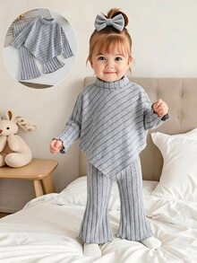 SHEIN Vintaside Kids 女嬰 2 件組長袖上衣喇叭褲套裝，高領不對稱下擺，可愛圖案韓風灰色秋季親子套裝 - 灰色 - 查看 1