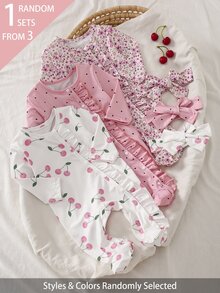 3套隨機發送1套，2件裝新生女嬰居家服可愛波點櫻花印花荷葉邊長袖連身包屁衣附髮帶 - 彩色 - 查看 8