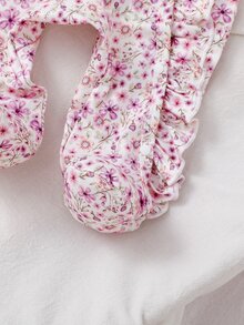 3套隨機發送1套，2件裝新生女嬰居家服可愛波點櫻花印花荷葉邊長袖連身包屁衣附髮帶 - 彩色 - 查看 5