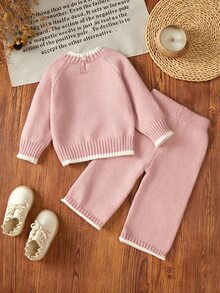 SHEIN 秋冬幼童女童粉色可愛長袖刺繡花卉針織衫套裝，開學季舒適柔軟節慶穿搭聖誕套頭衫 - 粉色 - 查看 2