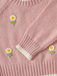 SHEIN 秋冬幼童女童粉色可愛長袖刺繡花卉針織衫套裝，開學季舒適柔軟節慶穿搭聖誕套頭衫 - 粉色 - 查看 8