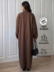 Breezaya Women's Solid Color Vintage Long Sleeve Fashion Dress For Vacation And Travel - Dark Brown - View 2
