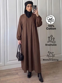 Breezaya Women's Solid Color Vintage Long Sleeve Fashion Dress For Vacation And Travel - Dark Brown - View 3