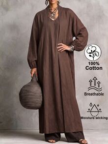 Breezaya Women's Solid Color Vintage Long Sleeve Fashion Dress For Vacation And Travel - Dark Brown - View 1