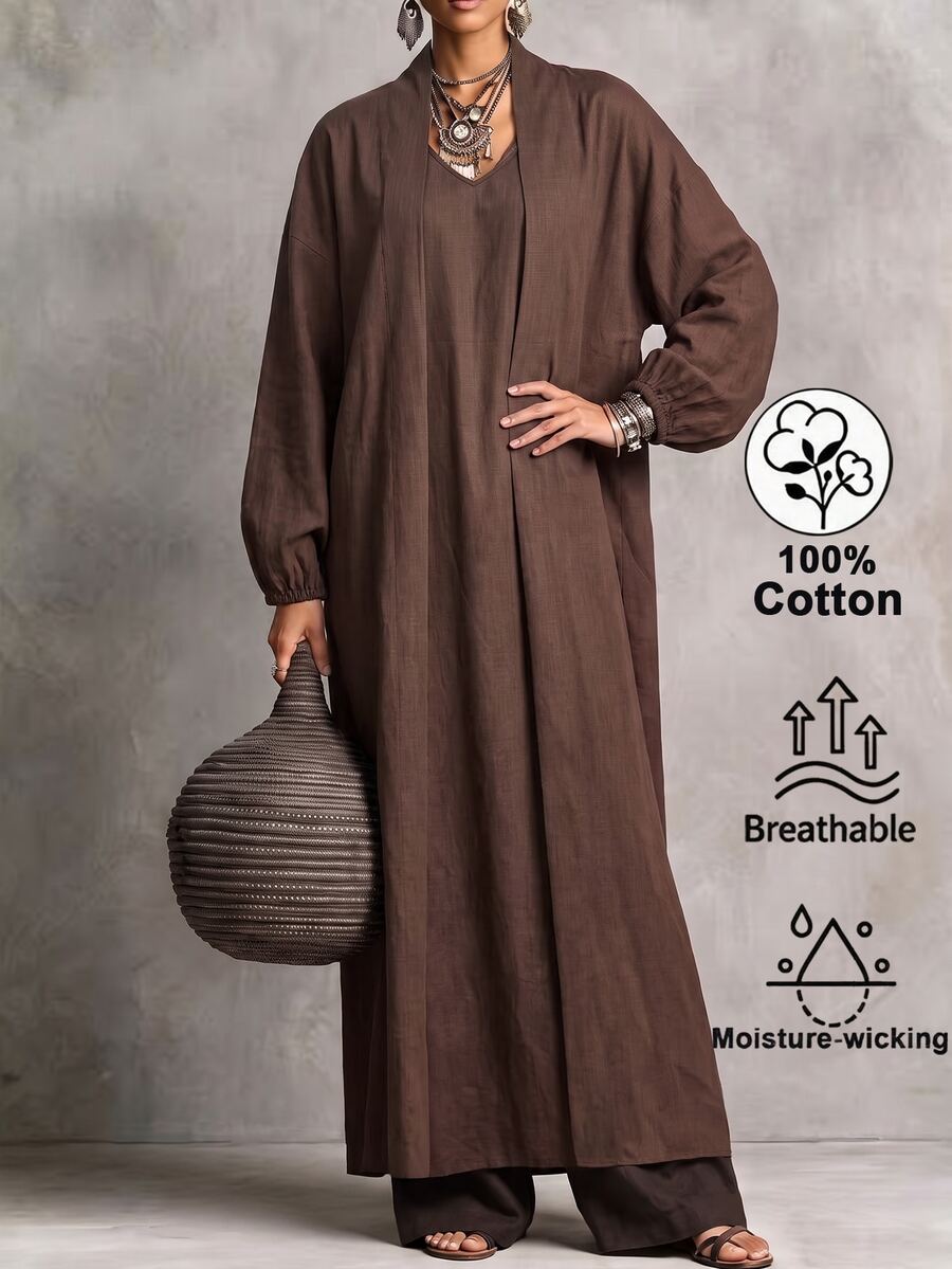Breezaya Women's Solid Color Vintage Long Sleeve Fashion Dress For Vacation And Travel - Dark Brown - View 1