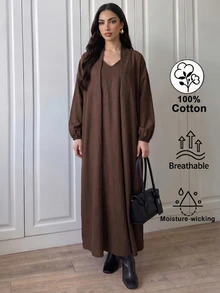 Breezaya Women's Solid Color Vintage Long Sleeve Fashion Dress For Vacation And Travel - Dark Brown - View 5